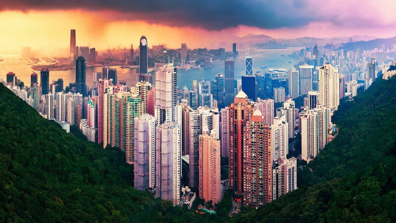 Hong Kong Skyline — Orange, Dramatic, Sunset, Photograph, Skyscrapers, Bay