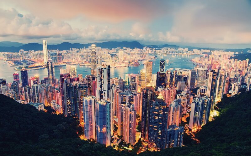 Hong Kong Skyline — Orange, Dramatic, Sunset, Photograph, Skyscrapers
