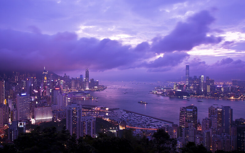 Hong Kong Skyline — Purple, Dramatic, Night, Photograph, Skyscrapers, Harbor