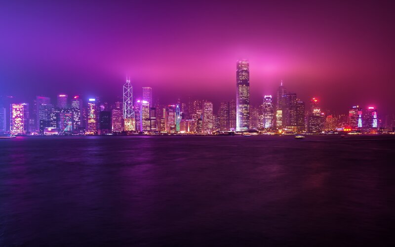 Hong Kong Skyline — Purple, Dramatic, Night, Photograph, Skyscrapers