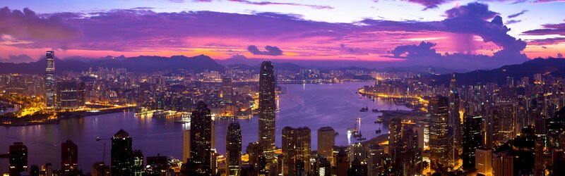 Hong Kong Skyline — Purple, Dramatic, Sunset, Photograph, Skyscrapers, Bay