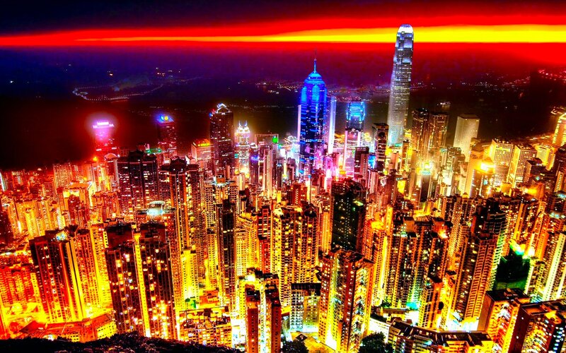 Hong Kong Skyline — Red, Dramatic, Night