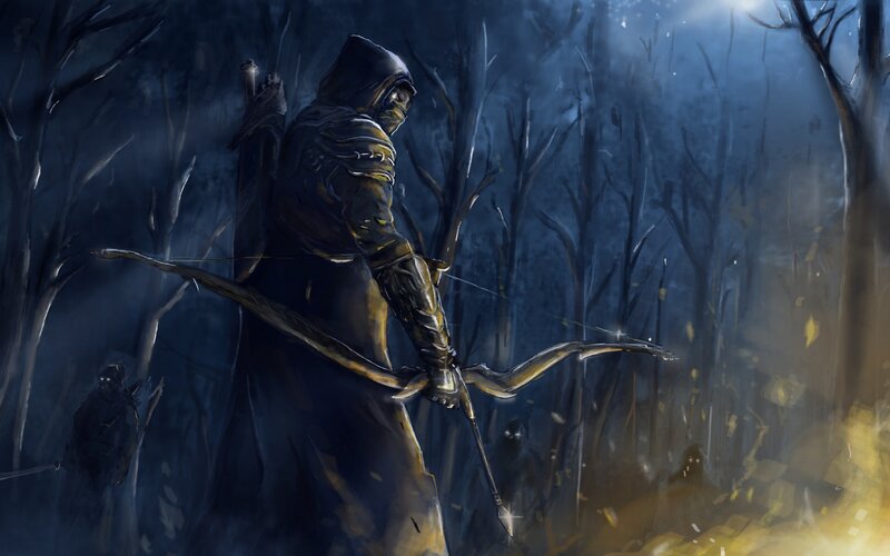 Hooded Archer in Forest — Blue, Dramatic