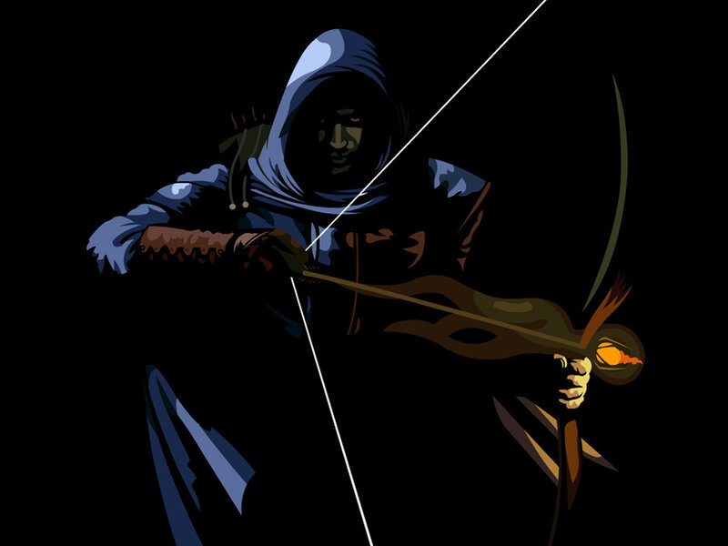 hooded archer with flaming arrow