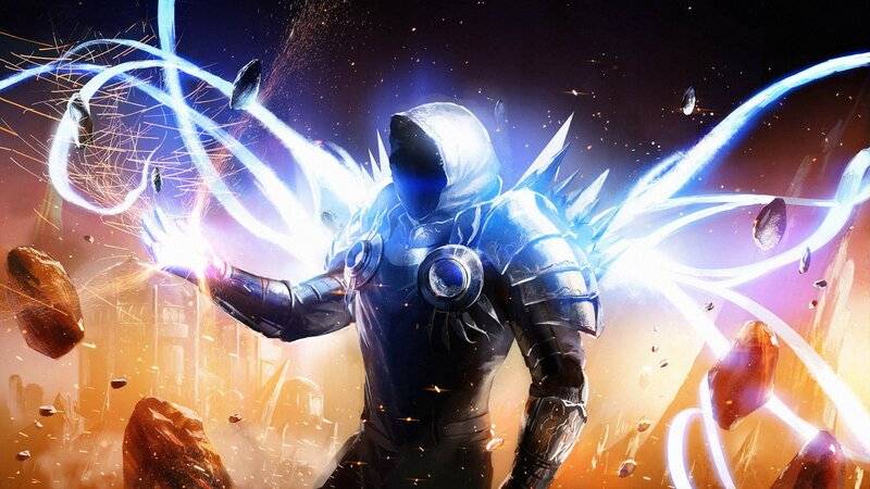 Hooded Armored Figure — Blue, Dramatic, Digital Art