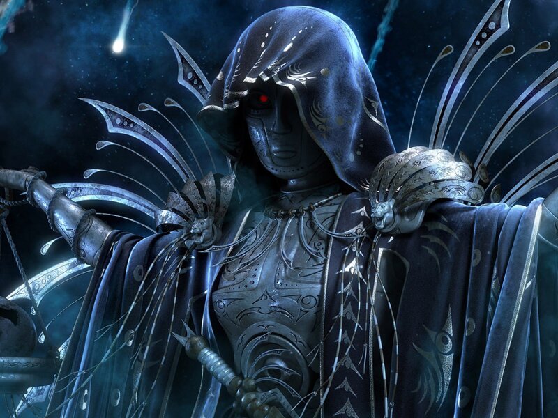 Hooded Armored Figure — Blue, Dramatic