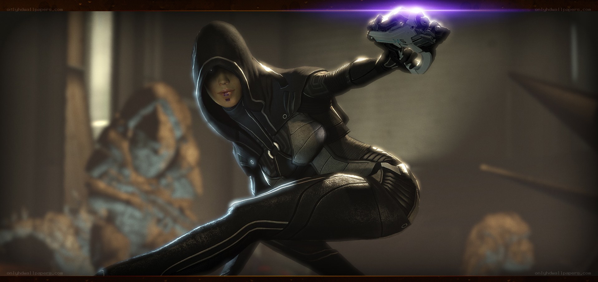 hooded assassin with energy weapon