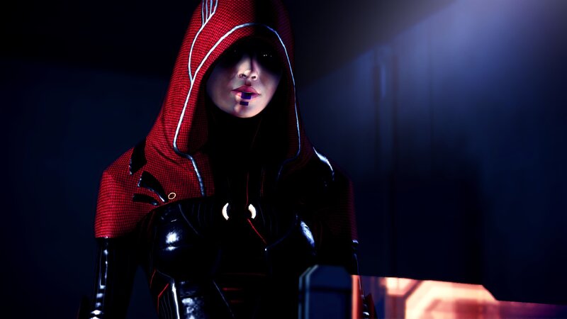 hooded character in red and black