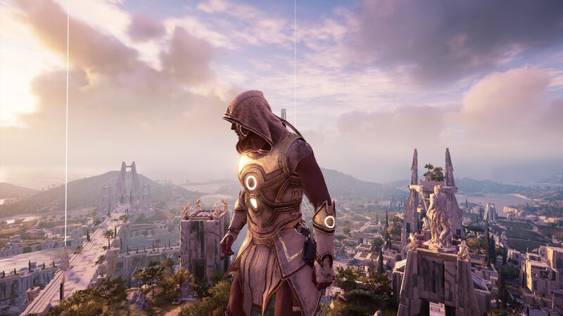 Hooded Character Overlooking City