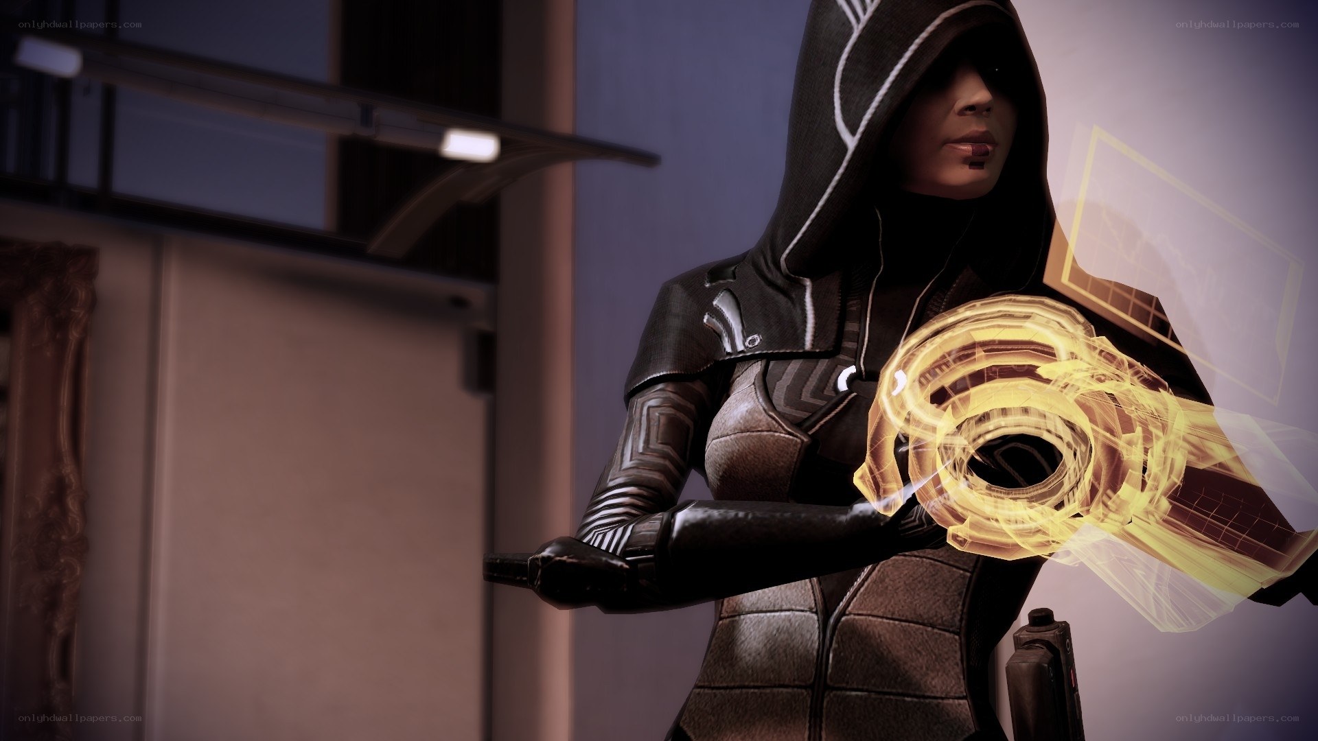 hooded character with energy effect
