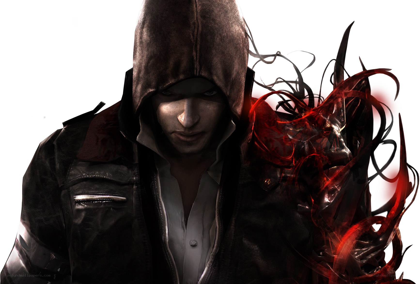 hooded character with red energy
