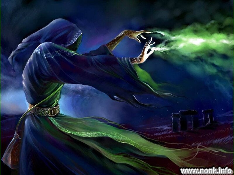 Hooded Figure Casting Spell — Blue, Dramatic, Night, Digital Art, Green Energy