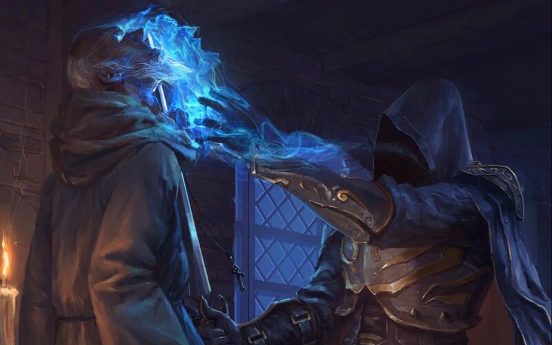 Hooded Figure Casting Spell — Blue, Dramatic