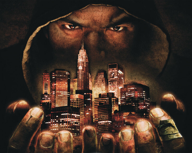 hooded figure cityscape