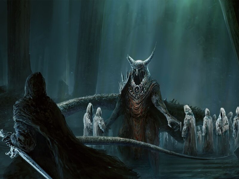 Hooded Figure Facing Demon
