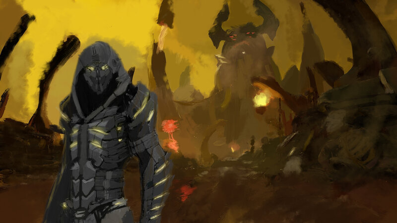 Hooded Figure Facing Demon — Yellow