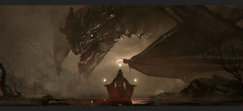 Hooded Figure Facing Dragon