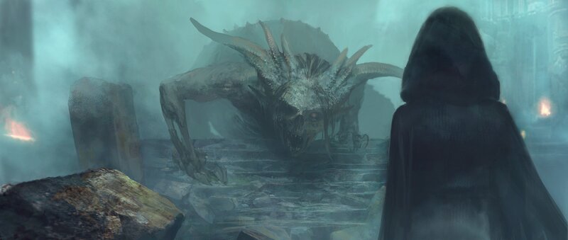 Hooded Figure Facing Monster — Gray
