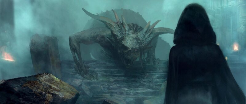 Hooded Figure Facing Monster