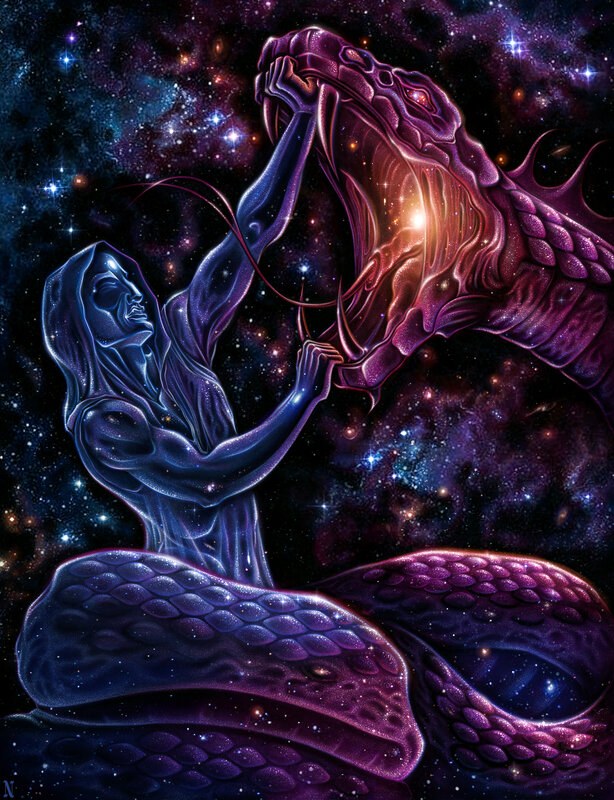 Hooded Figure Fighting Snake