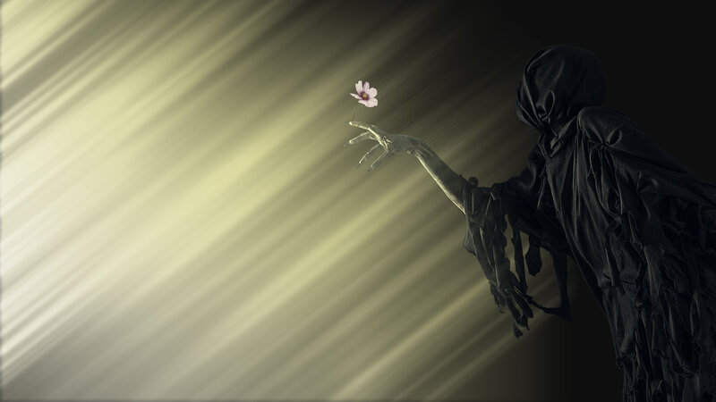 Hooded Figure Holding Flower — Black