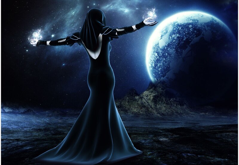 Hooded Figure Holding Orbs