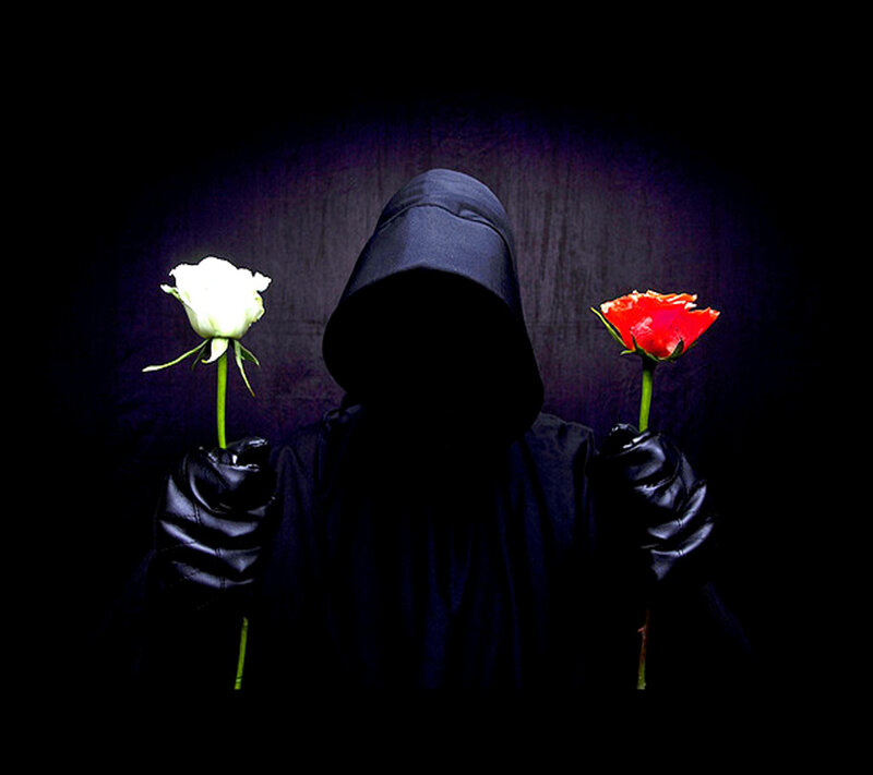 Hooded Figure Holding Roses — Black