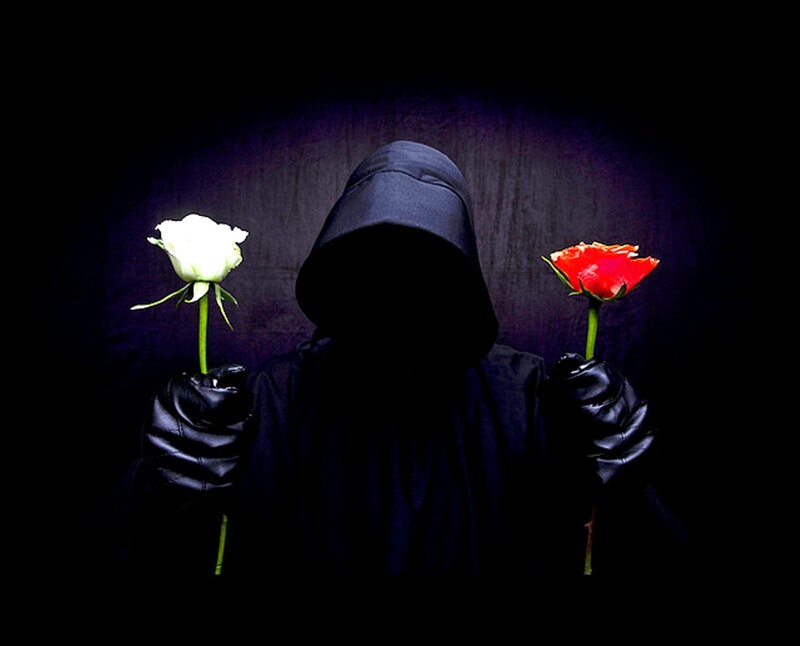Hooded Figure Holding Roses