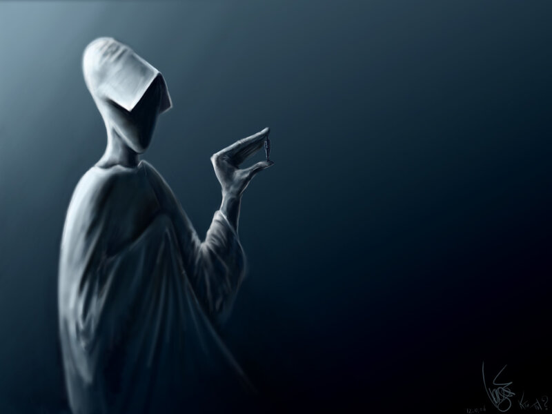 hooded figure holding small object