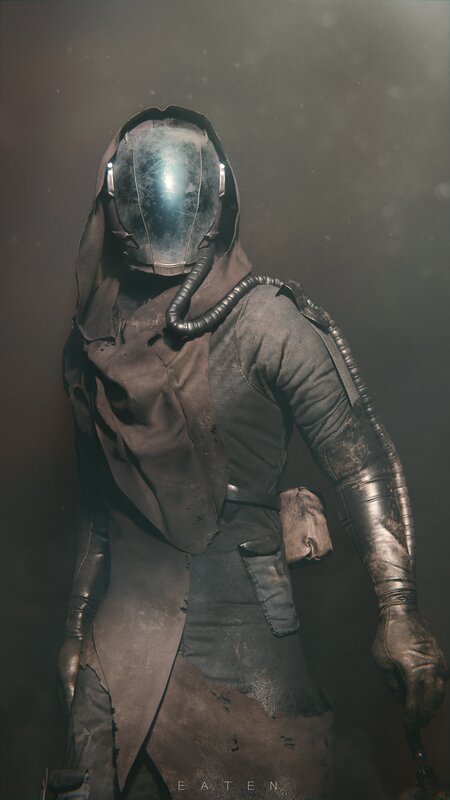 Hooded Figure in Armor — Black, Dramatic, Digital Art