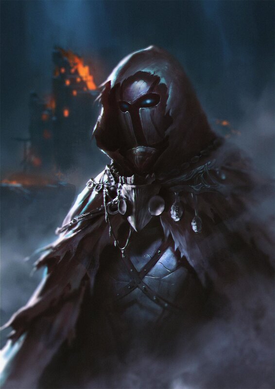 Hooded Figure in Armor — Black, Dramatic, Night