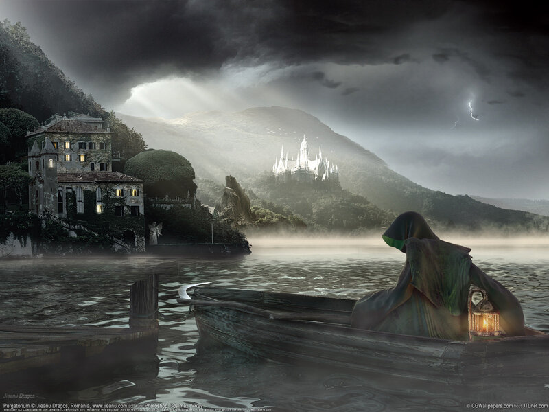 Hooded Figure in Boat — Gray, Dramatic, Night