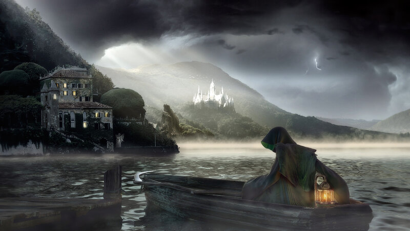 Hooded Figure in Boat — Gray, Dramatic