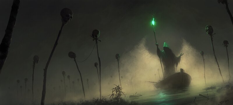 Hooded Figure in Boat — Green, Dark