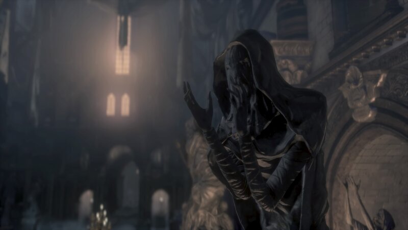 Hooded Figure in Cathedral