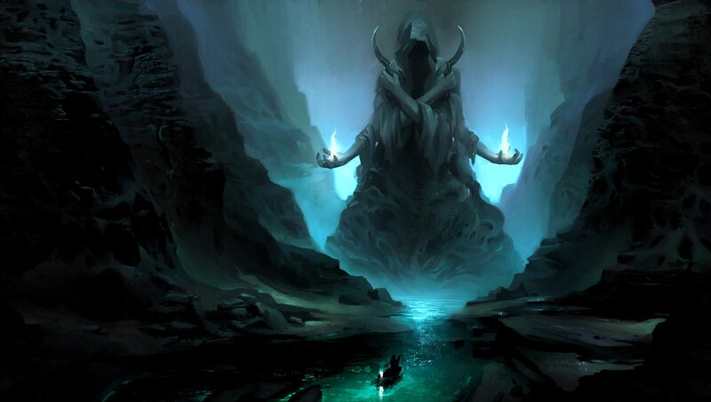 Hooded Figure in Cave — Blue, Dramatic, Night