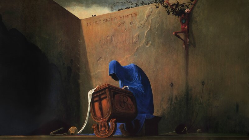 Hooded Figure in Cave — Blue, Dramatic