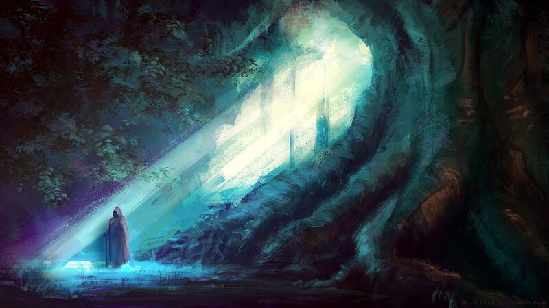 Hooded Figure in Cave — Blue