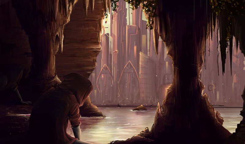 Hooded Figure in Cave — Brown