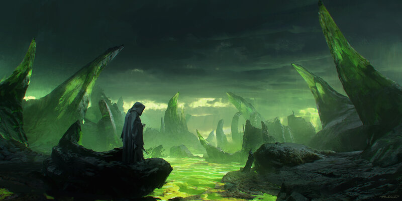 Hooded Figure in Cave — Green, Dramatic