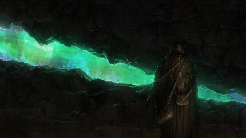 Hooded Figure in Cave — Green