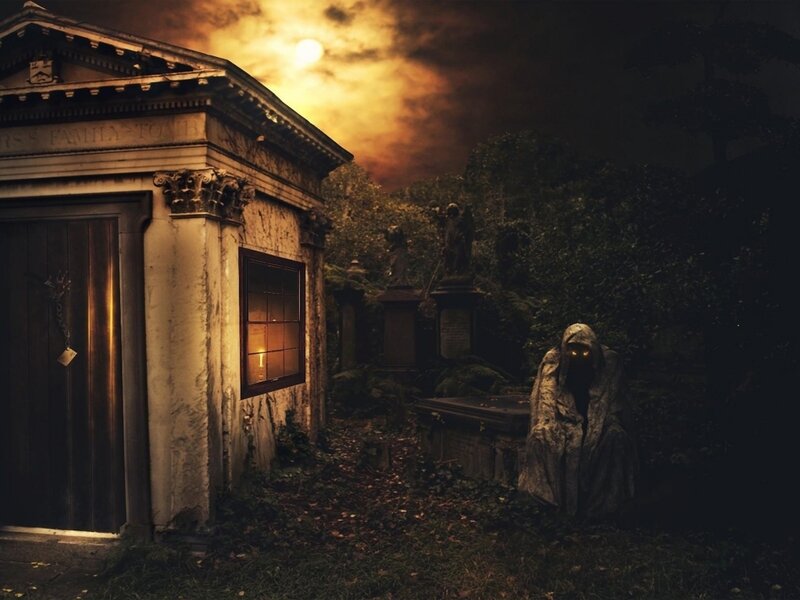 Hooded Figure in Cemetery — Black