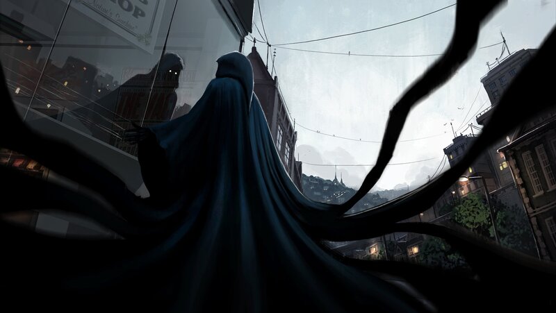 Hooded Figure in City — Blue, Dramatic