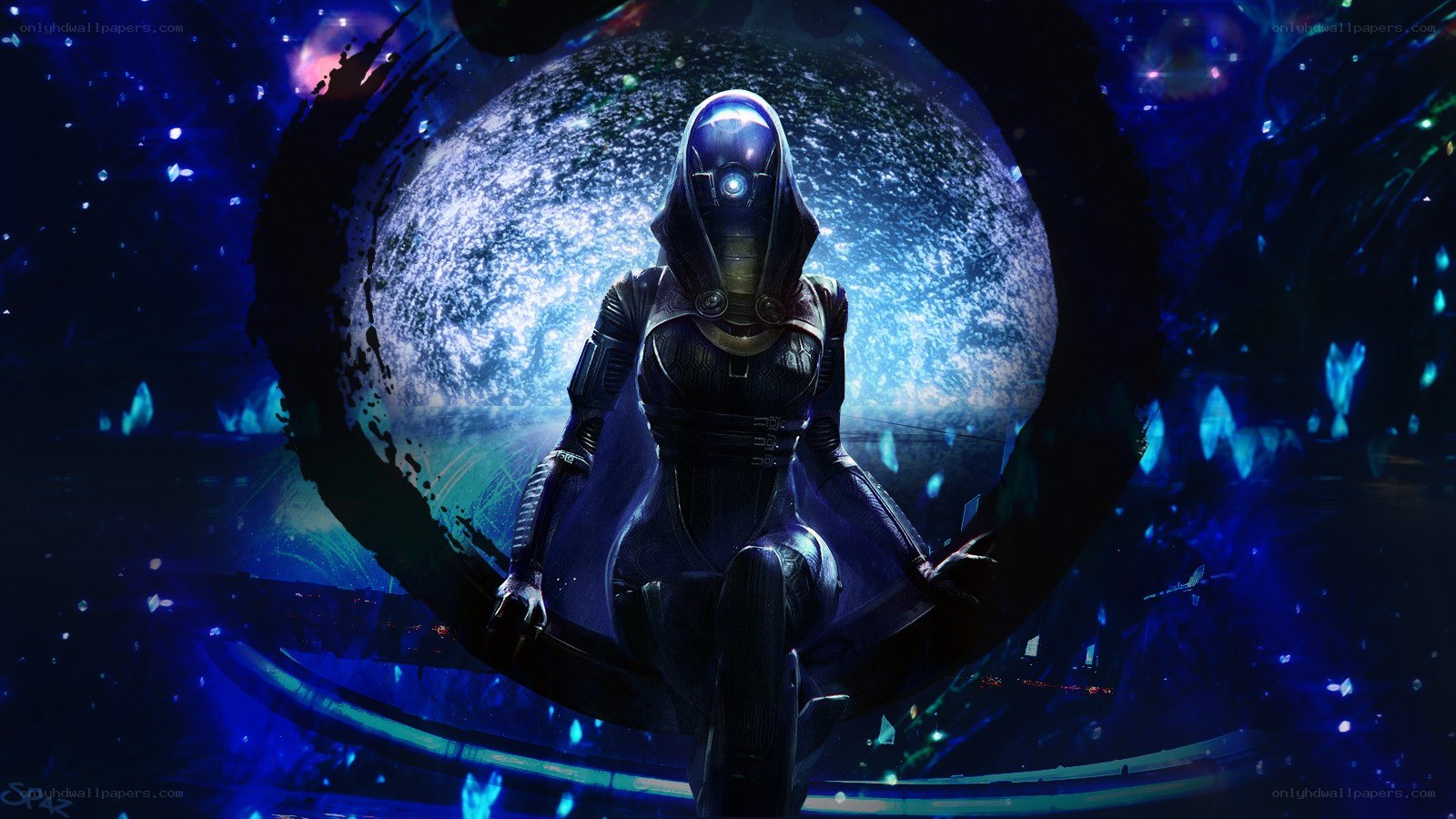 hooded figure in cosmic setting