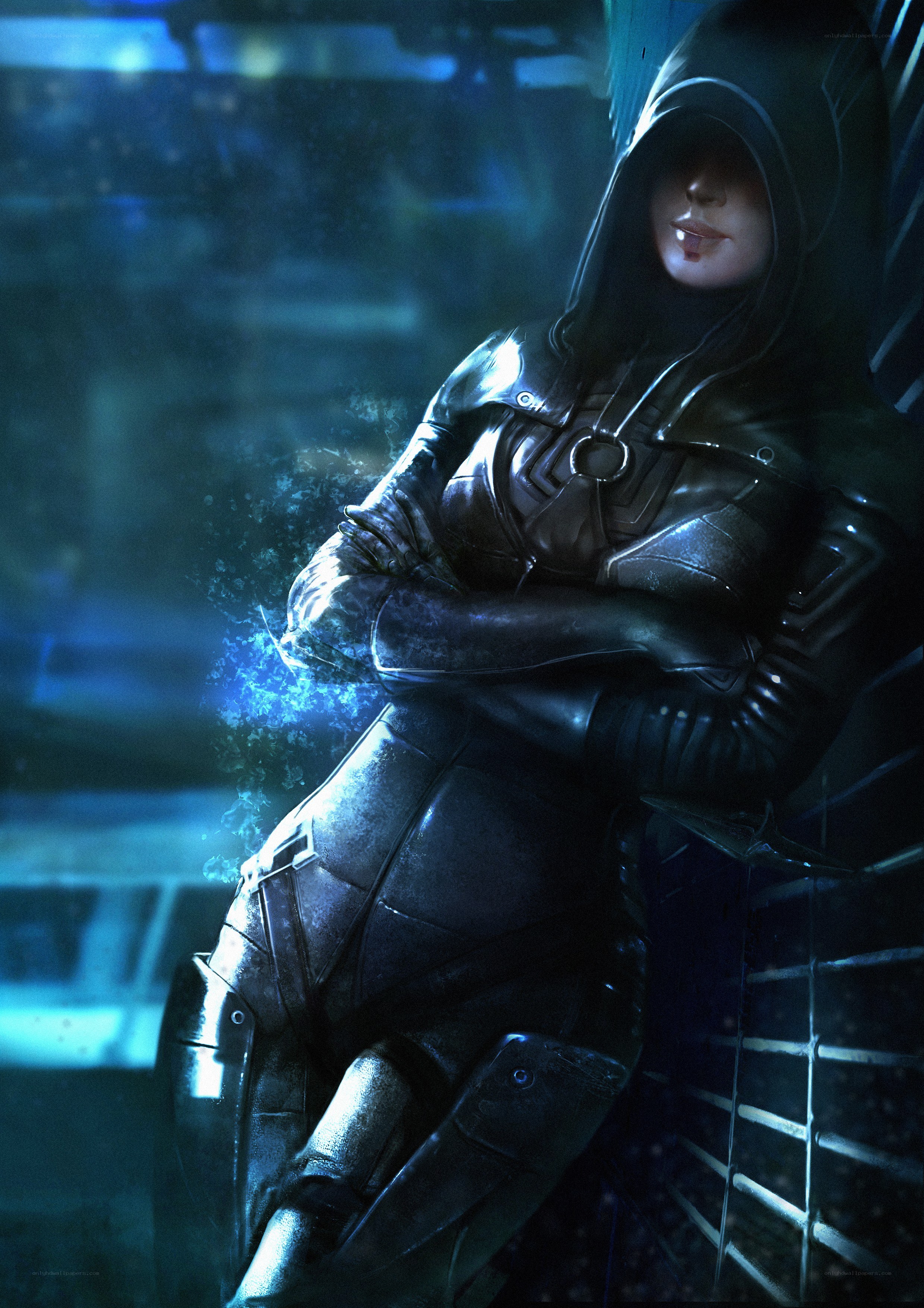 hooded figure in dark armor
