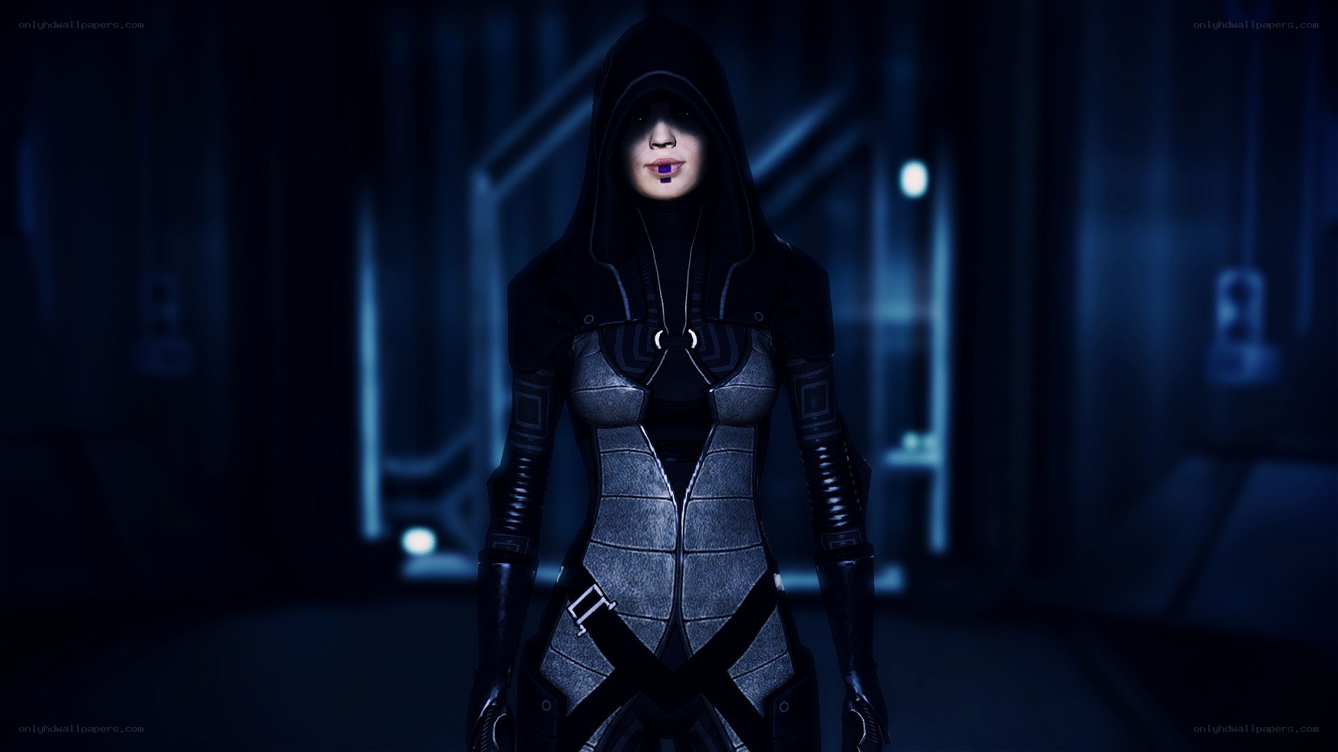 hooded figure in dark corridor