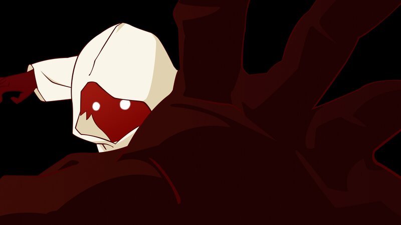 hooded figure in dark red