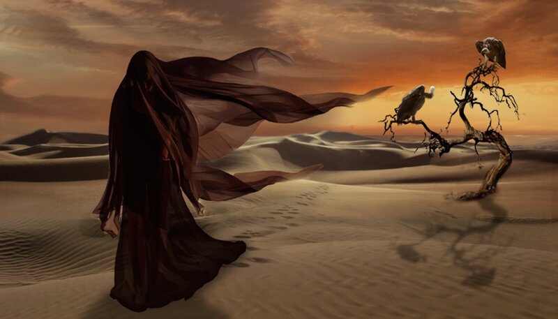 Hooded Figure in Desert — Brown, Dramatic