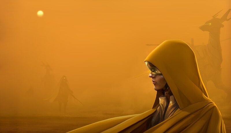 Hooded Figure in Desert — Orange