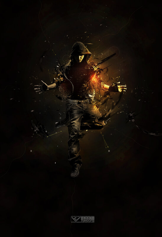 hooded figure in digital explosion